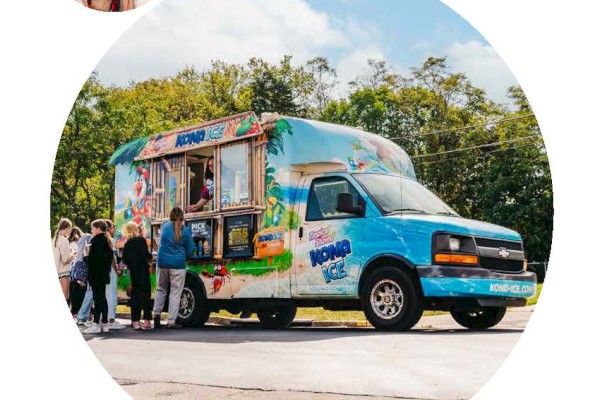The image shows a colorful ice cream truck with people gathered around it, along with smaller photos of people enjoying treats and the colorful treats themselves.