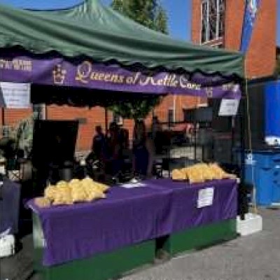 A market stall with the banner 