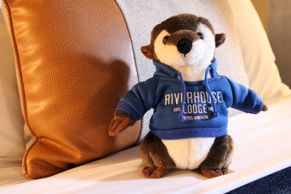 A plush toy wearing a blue hoodie with the text 