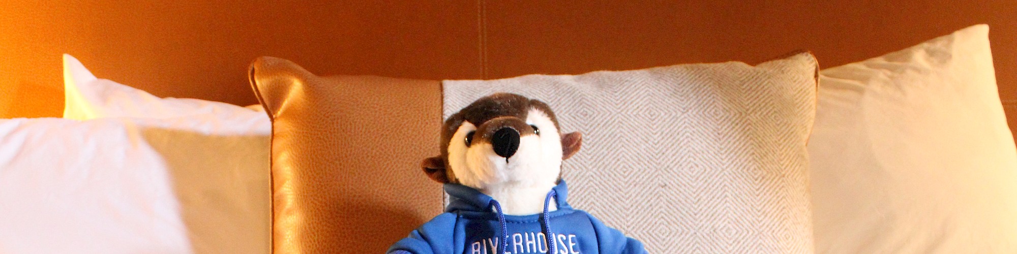 A plush toy wearing a blue hoodie is placed on a neatly made bed with several pillows behind it, focusing on the blue and red bedcover.