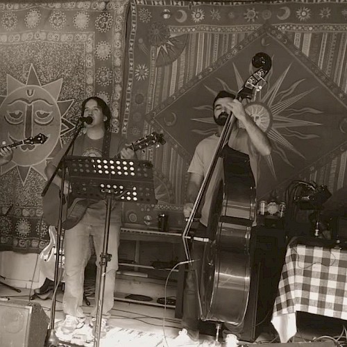 A band performs in a cozy, tapestry-decorated space with instruments including a guitar, banjo, and upright bass while one person sings into a microphone.