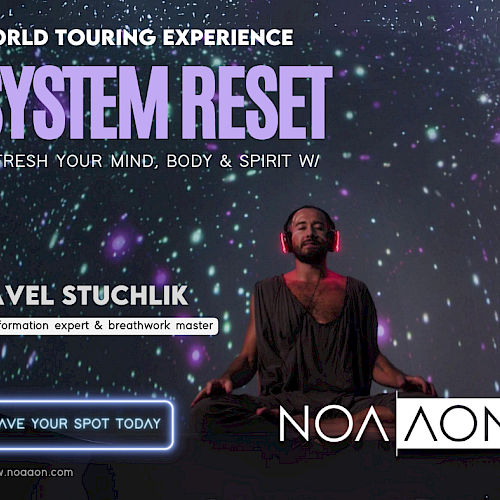 A man is meditating under a starry backdrop in an advertisement for a world touring experience called 