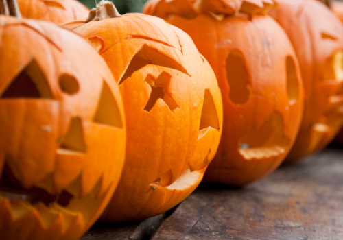 The image shows a row of carved pumpkins with various facial expressions on a wooden surface.