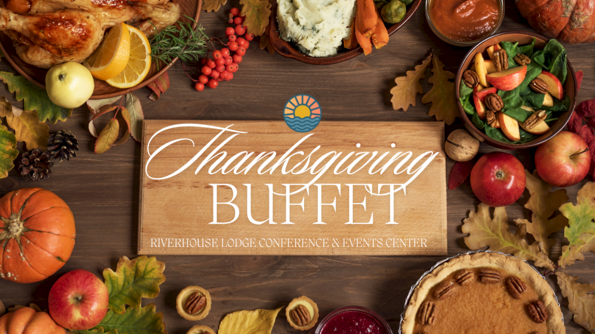 A Thanksgiving Buffet sign surrounded by food like turkey, salad, pie, and autumn decorations, with festive text.