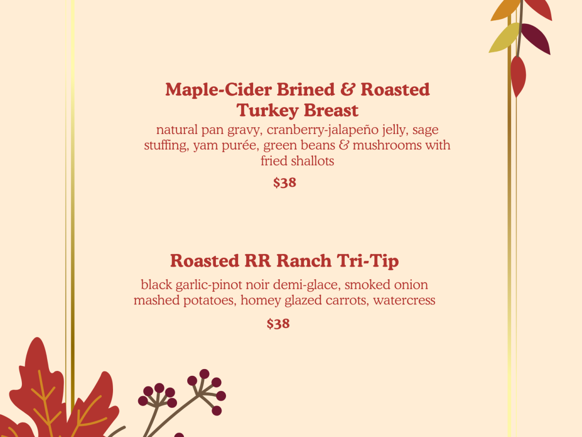 Thanksgiving menu featuring Maple-Cider Brined Turkey Breast and Roasted RR Ranch Tri-Tip, with festive floral and foliage design.