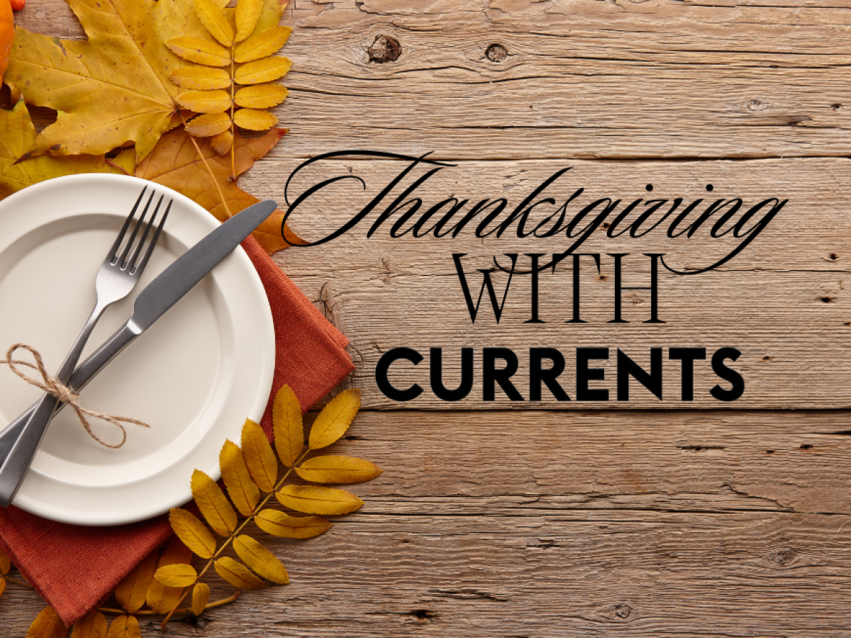 A rustic table setting with a pumpkin, leaves, and a plate with utensils tied in twine. Text reads 