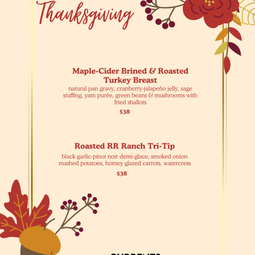 Thanksgiving menu featuring Maple-Cider Brined Turkey and Roasted Tri-Tip, with festive floral and acorn decorations on a beige background.