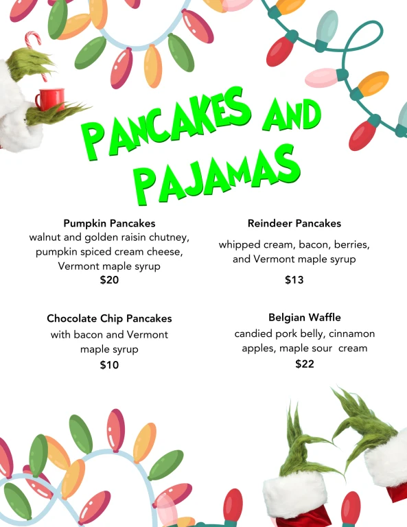 A festive menu titled "Pancakes and Pajamas" lists four breakfast items like Pumpkin Pancakes and Belgian Waffle, adorned with holiday lights.