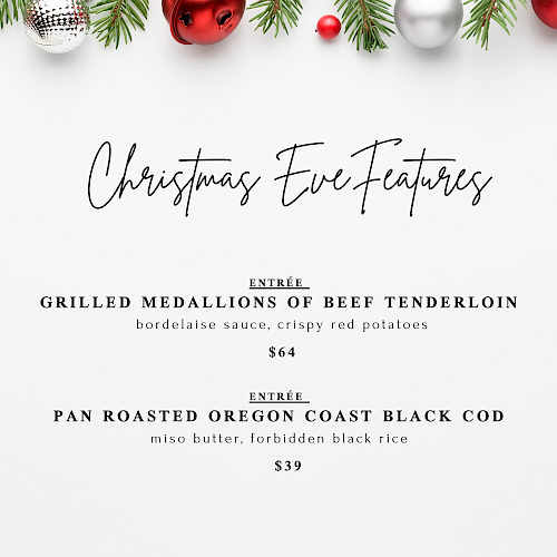 The image is a Christmas Eve menu featuring beef tenderloin and black cod, with festive decorations at the top and event details below.