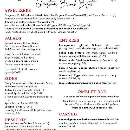 A Christmas brunch buffet menu featuring appetizers, salads, entrees, sides, desserts, and an omelet bar from Currents.