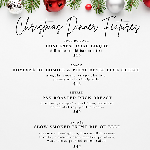 Christmas dinner menu featuring crab bisque, a pear salad, duck breast, and prime rib of beef, with festive decor.