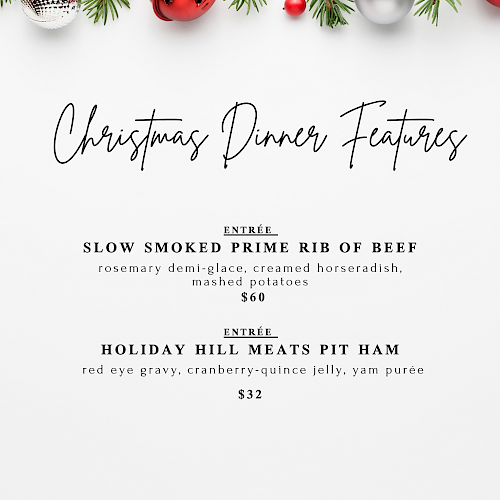 Christmas dinner menu with prime rib and pit ham entrees, prices listed, festive decoration at the top, and event details below.