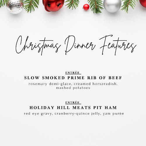 Christmas dinner menu with prime rib, pit ham, decorations, and date details.
