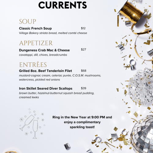 New Year's Eve menu featuring soup, appetizer, and entrees like beef tenderloin and scallops. Includes a sparkling toast.