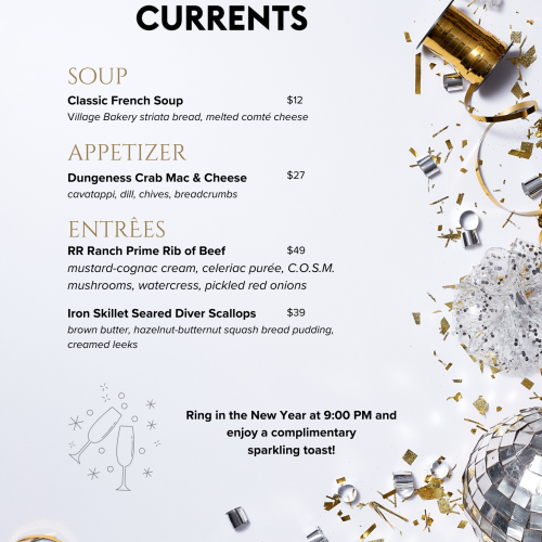 New Year's Eve menu with soup, appetizers, entrees, and festive imagery. Ring in the New Year at 9:00 PM with a sparkling toast.