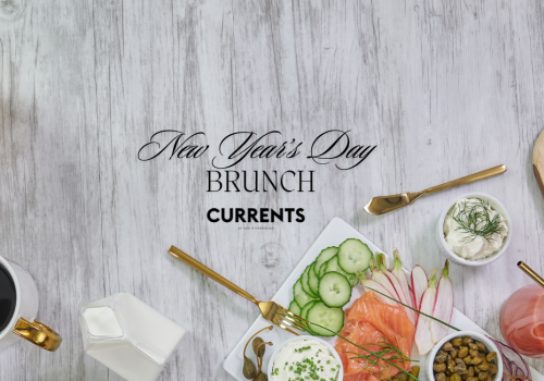 The image shows a New Year's Day brunch spread with salmon, cucumber, capers, coffee, and assorted breads. It has elegant text in the center.