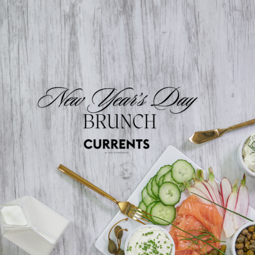 The image shows a New Year's Day brunch spread with salmon, cucumber, capers, coffee, and assorted breads. It has elegant text in the center.