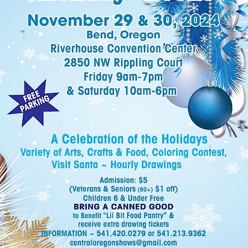 Flyer for White Christmas Holiday Event in Bend, Oregon, on November 29-30, 2024, with arts, crafts, Santa visits, and raffles.