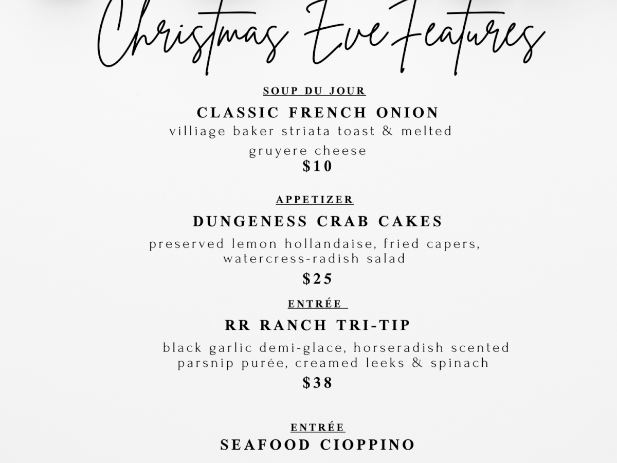 Christmas Eve menu with soup, appetizers, and entrees like French onion soup, crab cakes, tri-tip, and seafood cioppino.