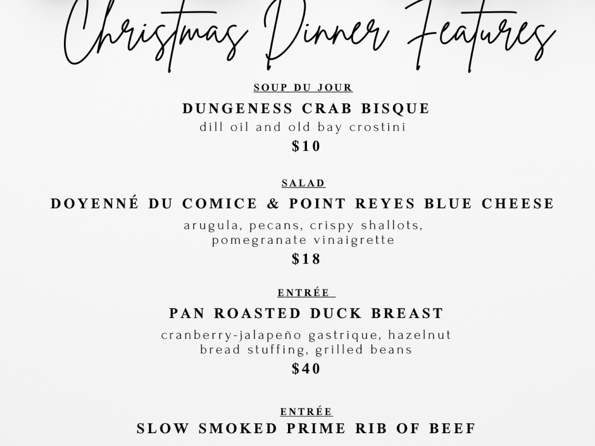 The image shows a Christmas dinner menu featuring crab bisque, salad, duck breast, and prime rib, with prices listed.