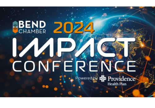 The image shows the Bend Chamber 2024 Impact Conference logo, powered by Providence Health Plan, against a global-themed background.