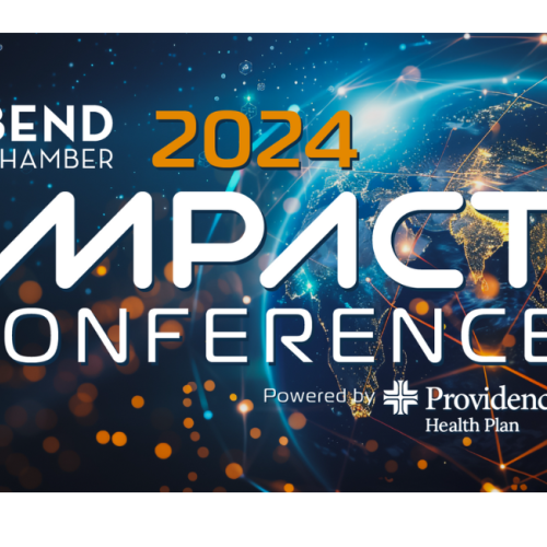 The image shows the Bend Chamber 2024 Impact Conference logo, powered by Providence Health Plan, against a global-themed background.