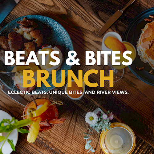 overhead view of breakfast table with food and drinks
