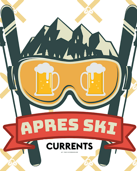 The image features a graphic of ski goggles, mountains, mugs of beer, and ski poles, with the text 