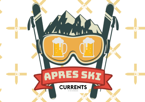 The image features a graphic of ski goggles, mountains, mugs of beer, and ski poles, with the text 