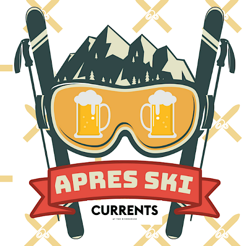 The image features a graphic of ski goggles, mountains, mugs of beer, and ski poles, with the text 