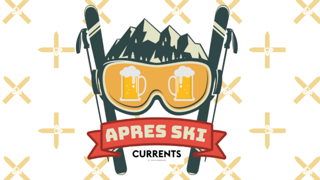 The image features a graphic of ski goggles, mountains, mugs of beer, and ski poles, with the text 