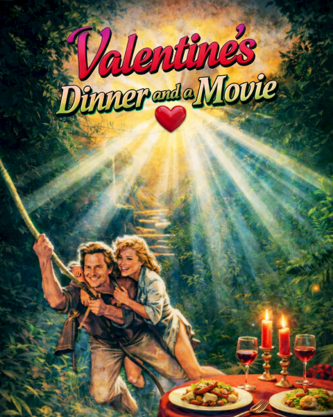 Valentine’s Dinner and a Movie poster: a couple swings on a vine to a romantic candlelit dinner table in a jungle.
