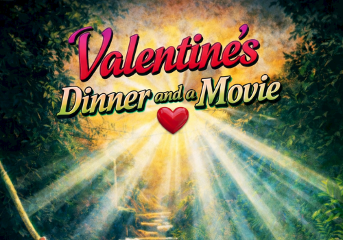 Valentine’s Dinner and a Movie poster: a couple swings on a vine to a romantic candlelit dinner table in a jungle.