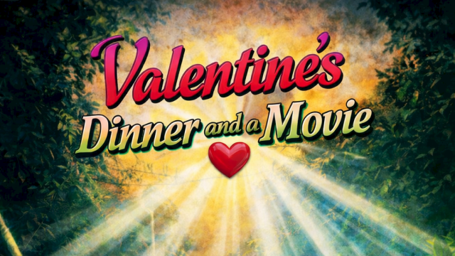 Valentine’s Dinner and a Movie poster: a couple swings on a vine to a romantic candlelit dinner table in a jungle.