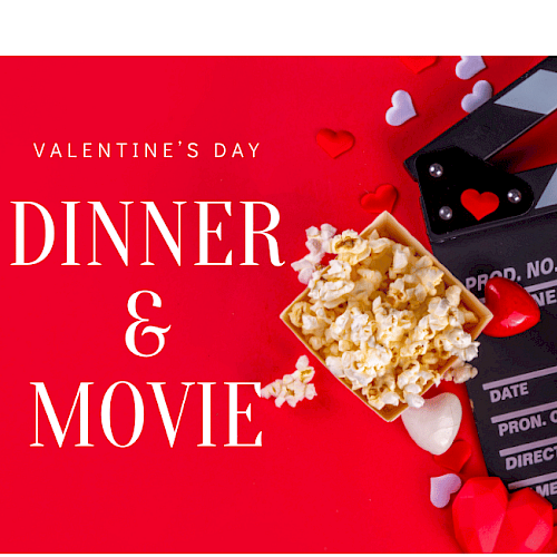 Valentine's Day dinner and movie theme with popcorn, a clapperboard, and hearts on a red background.