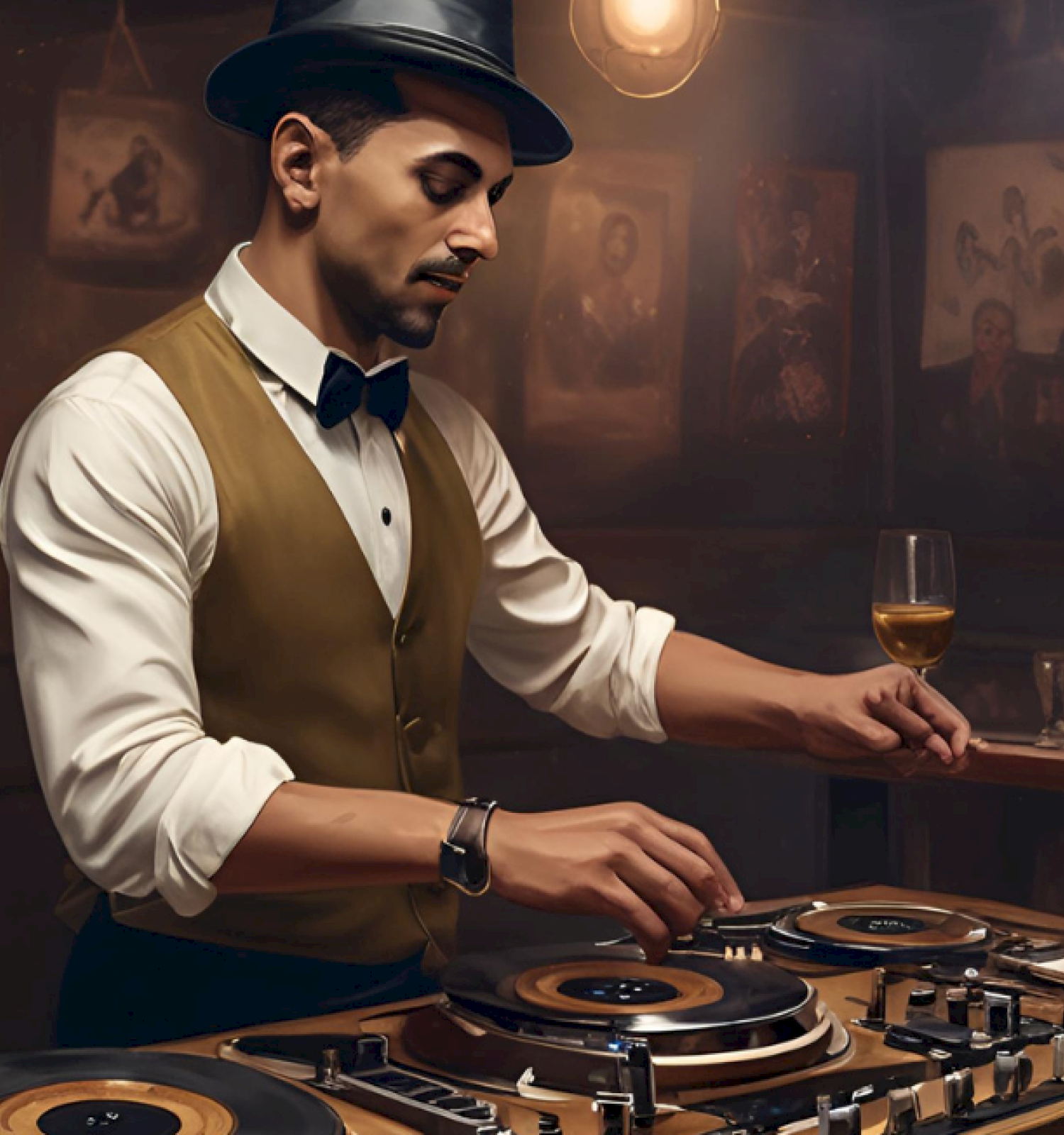 A stylish DJ in a vintage bar, mixing records on turntables with a glass of whiskey on the bar.