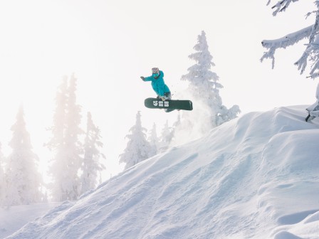 A snowboarder in a blue outfit jumps mid-air on a snowy slope, surrounded by snow-covered trees and a bright sky.