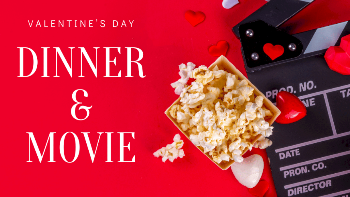 Valentine's Day theme with popcorn, hearts, and a movie clapperboard, promoting a 