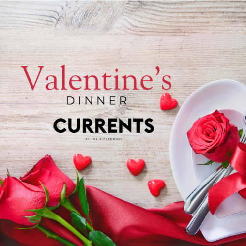 The image shows a Valentine's Dinner setting with roses, heart-shaped items, and a ribbon-wrapped plate with cutlery on a wooden table.