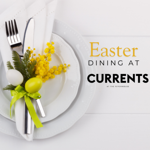 A table setting with dishes, utensils, flowers, and eggs. Text: 