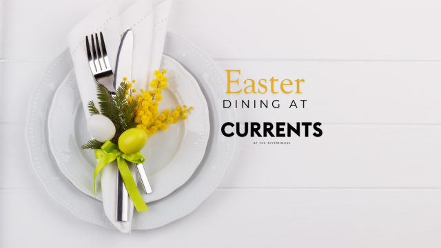 A table setting with dishes, utensils, flowers, and eggs. Text: 