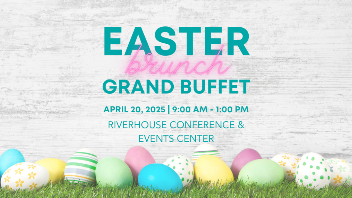 Easter Brunch Grand Buffet on April 20, 2025, from 9:00 AM to 1:00 PM at Riverhouse Conference & Events Center. Decorated eggs are shown.