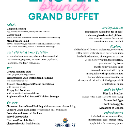 This image is an Easter brunch grand buffet menu featuring salads, carving station, side dishes, breakfast items, and a kids' buffet.