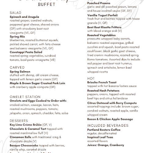 A Mother's Day buffet menu with salads, carved, omelet station, desserts, displays, hot items, included beverages, and pricing details.