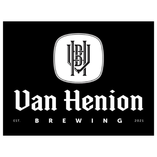 Logo of Van Henion Brewing, featuring a monogram and text with the year established, 2021, on a black background.