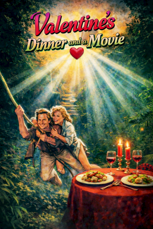 A couple dining outdoors by candlelit plates and a waterfall-like setting, title reads “Valentine’s Dinner and a Movie” with hearts above.