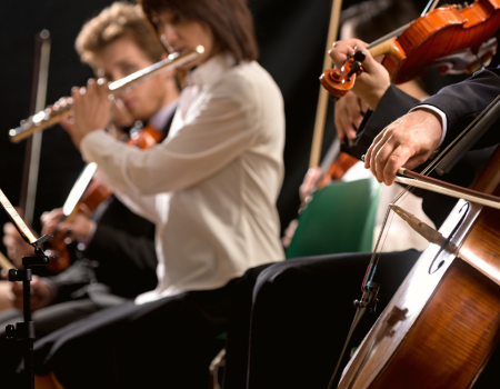 A group of musicians performing with string instruments and a flute during a concert, focused on their music as they play together.