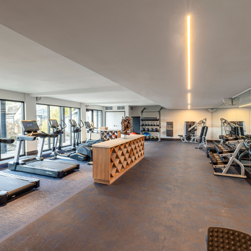 Bright and modern fitness center at Riverhouse Lodge featuring treadmills, bikes, and weight machines with natural light and forest views.
