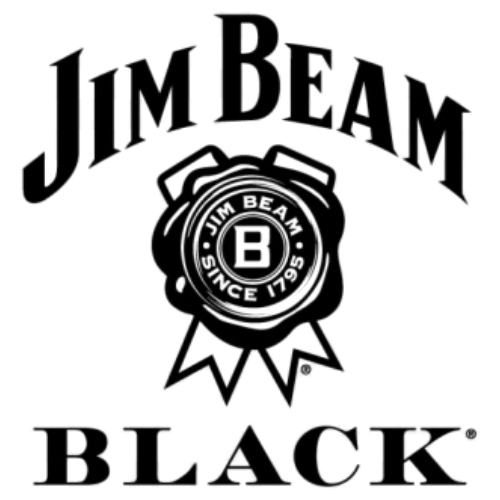 The image is a logo for Jim Beam Black, featuring bold lettering and a medallion design stating 