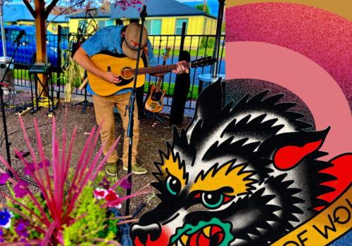 Son of Wolf's Maxx Lopez plays guitar in an outdoor setting with colorful flowers; a wolf illustration and vibrant patterns are in the foreground. Catch live at Currents at Riverhouse Lodge in Bend Oregon 08/01/25